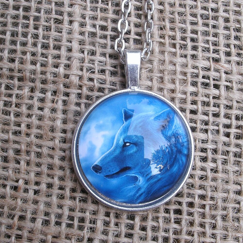 Wolf Head in Blue Glass Cabochon Pendant Necklace